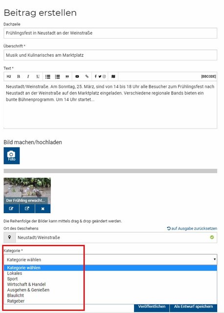 Schritt 7 - Kategorie auswählen: Wählen Sie die Kategorie aus, der Ihr Bericht am ehesten zugehört. Wenn Sie über eine Theaterveranstaltung schreiben, wählen Sie zum Beispiel die Kategorie "Ausgehen &amp; Genießen", schreiben Sie aber über ein Fußballspiel, wählen Sie die Kategorie "Sport" aus. | Foto: Wochenblatt-Redaktion