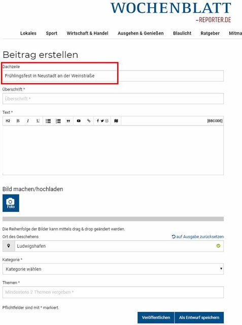 Schritt 2 - Dachzeile vergeben: Geben Sie in die "Dachzeile" ein Schlagwort oder einen Überbegriff ein, der Ihnen zu Ihrem Beitrag sinnvoll erscheint. Hier können Sie sich am Anfang auch gerne an den Beiträgen unserer Redakteure orientieren.  | Foto: Wochenblatt-Redaktion