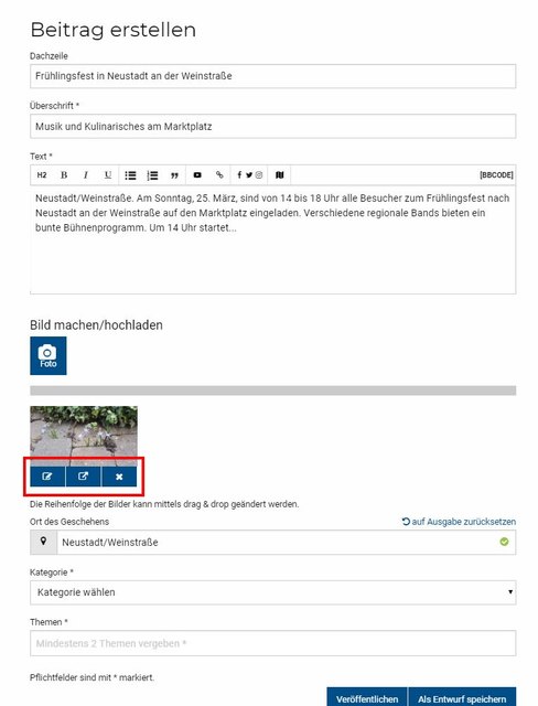 Schritt 5 - Bild einfügen, Bildfokus setzen und Urheber angeben: Unter dem hochgeladenen Bild haben Sie die Möglichkeit, mit einen Klick auf den linken Knopf „Bild bearbeiten“ unter dem Bild, eine Bildunterschrift und - ganz wichtig - den Urheber des Fotos einzufügen.  | Foto: Wochenblatt-Redaktion