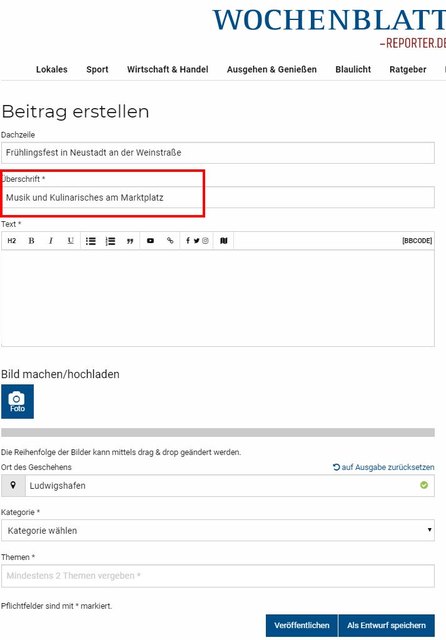 Schritt 3 - Überschrift vergeben: Im Feld "Überschrift" geben Sie Ihrem Beitrag eine passende Überschrift. Diese enthält im besten Fall bereits die Schlagworte, um die es in Ihrem Beitrag geht. Eine Ortsangabe erleichtert anderen Usern zusätzlich die Orientierung. Eine gute Überschrift weckt die Neugierde anderer Wochenblatt-Reporter und Ihr Beitrag wird sicherlich häufig gelesen und geteilt.  | Foto: Wochenblatt-Redaktion
