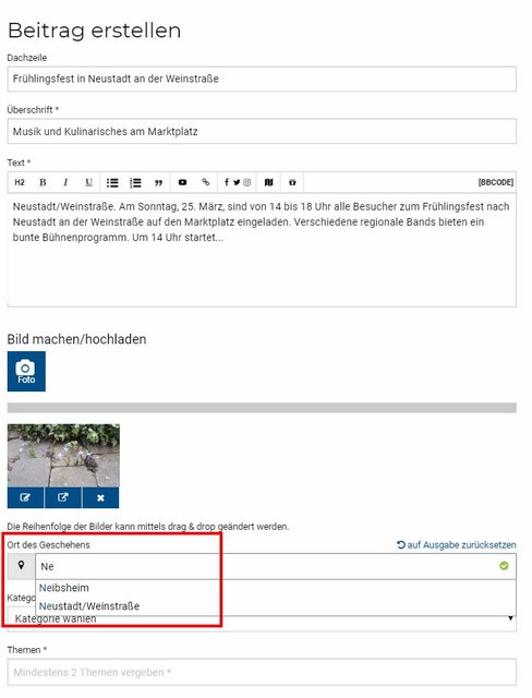 Schritt 6 - Ort des Geschehens auswählen: Wählen Sie bei „Ort des Geschehens“ den Ort aus unserer Ortsliste aus, in dem Ihr Bericht erscheinen soll. Sollte Ihr Ort oder Ihr Stadtteil nicht vorhanden sein, können Sie die Verbandsgemeinde oder den übergeordneten Stadtteil auswählen. | Foto: Wochenblatt-Redaktion