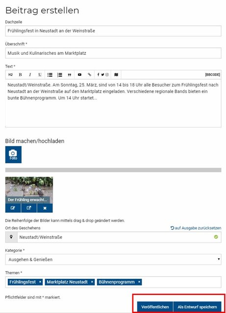 Schritt 9 - Beitrag veröffentlichen: Wenn Sie mit dem Beitrag fertig sind, klicken Sie unten rechts auf „Veröffentlichen“. Wenn Sie den Beitrag später veröffentlichen möchten, um ihn nochmals zu bearbeiten, klicken Sie auf „Als Entwurf speichern“.  | Foto: Wochenblatt-Redaktion