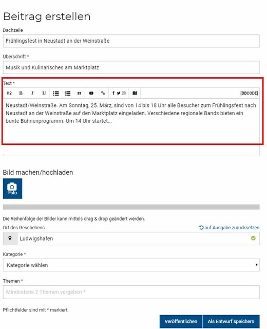 Schritt 4 - Text einfügen: Im Textfeld können Sie nun Ihren Text eingeben. Über dem Textfeld finden Sie Auswahlmöglichkeiten, um Ihren Text zu formatieren: Fettdruck, Kursiv, Unterstrichen, eine Aufzählung mit Punkten sowie mit Zahlen und die Möglichkeit, ein Zitat hervorzuheben.  | Foto: Wochenblatt-Redaktion