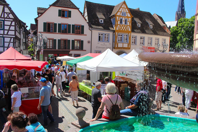 Buntes Treiben beim Deutsch-Französischen Bauernmarkt auf dem Marktplatz. | Foto: Pacher