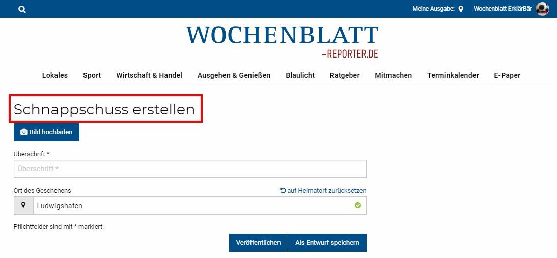 Nach einer kurzen kostenlosen Registrierung können Sie in wenigen Schritten selbst redaktionelle Beiträge einstellen, die Ihnen hier kurz erklärt werden. Sollten Sie noch Rückfragen haben, können Sie sich gerne an kontakt@wochenblatt-reporter.de wenden.