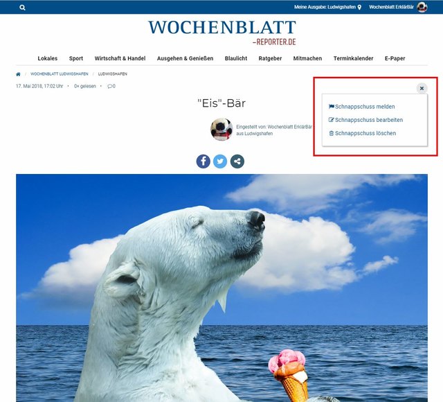 Es erscheinen die Auswahlmöglichkeiten Schnappschuss melden, Schnappschuss bearbeiten oder Schnappschuss löschen. Über den Menüpunkt Schnappschuss bearbeiten können Sie jeden der genannten Schritte überarbeiten. Es ist auch möglich, eigene Schnappschuss zu löschen, bitte beachten Sie aber, dass ein gelöschter Schnappschuss nicht wieder hergestellt werden kann. Jeder Besucher unseres Portals hat außerdem die Möglichkeit, über dasselbe Menü die Schnappschuss anderer Benutzer zu melden, die seiner Meinung nach diskriminierenden oder anstößigen Inhalt behandeln oder aus sonstigen Gründen gegen unseren Verhaltenskodex﻿ und unsere AGB﻿ verstoßen.  | Foto: Wochenblatt-Redaktion