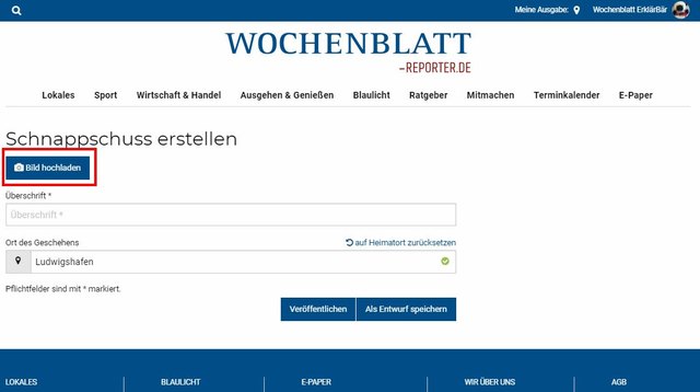 Schritt 2 - Bild hochladen: Es öffnet sich eine neue Ansicht. Klicken Sie auf „Bild hochladen“, um ein Bild aus Ihrer Datenbank auszuwählen. Mobil können Sie alternativ auch direkt ein Foto mit Ihrer Smartphone- oder Tablet-Kamera aufnehmen und hochladen. | Foto: Wochenblatt-Redaktion