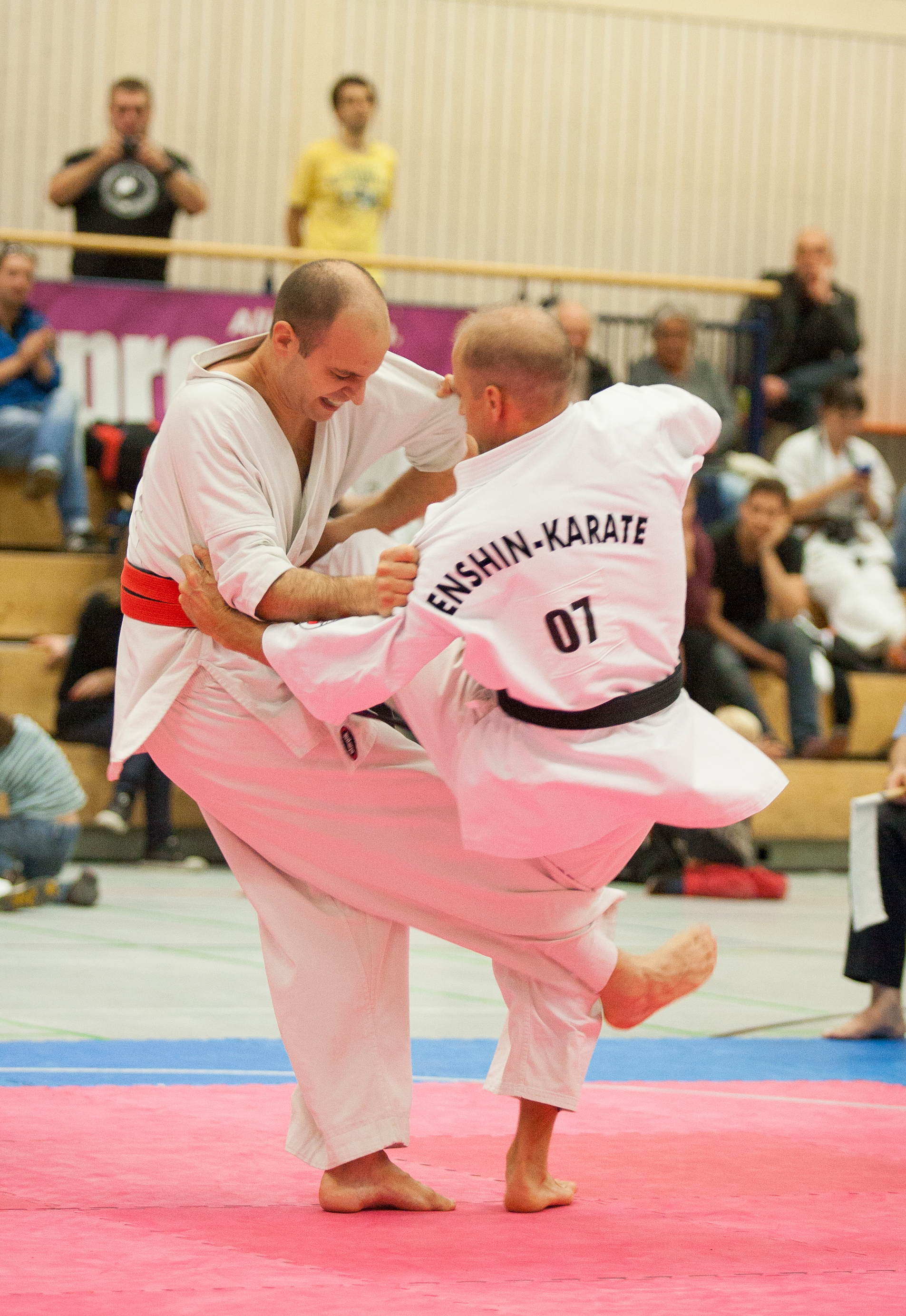 Im Enshin Karate sind neben Schlägen und Tritten auch Würfe und Feger erlaubt