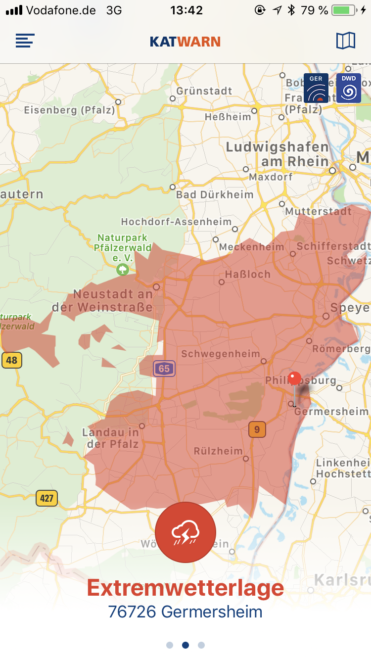 Das Warnsystem Katwarn meldet für heute Nachmittag schwere Unwetter.