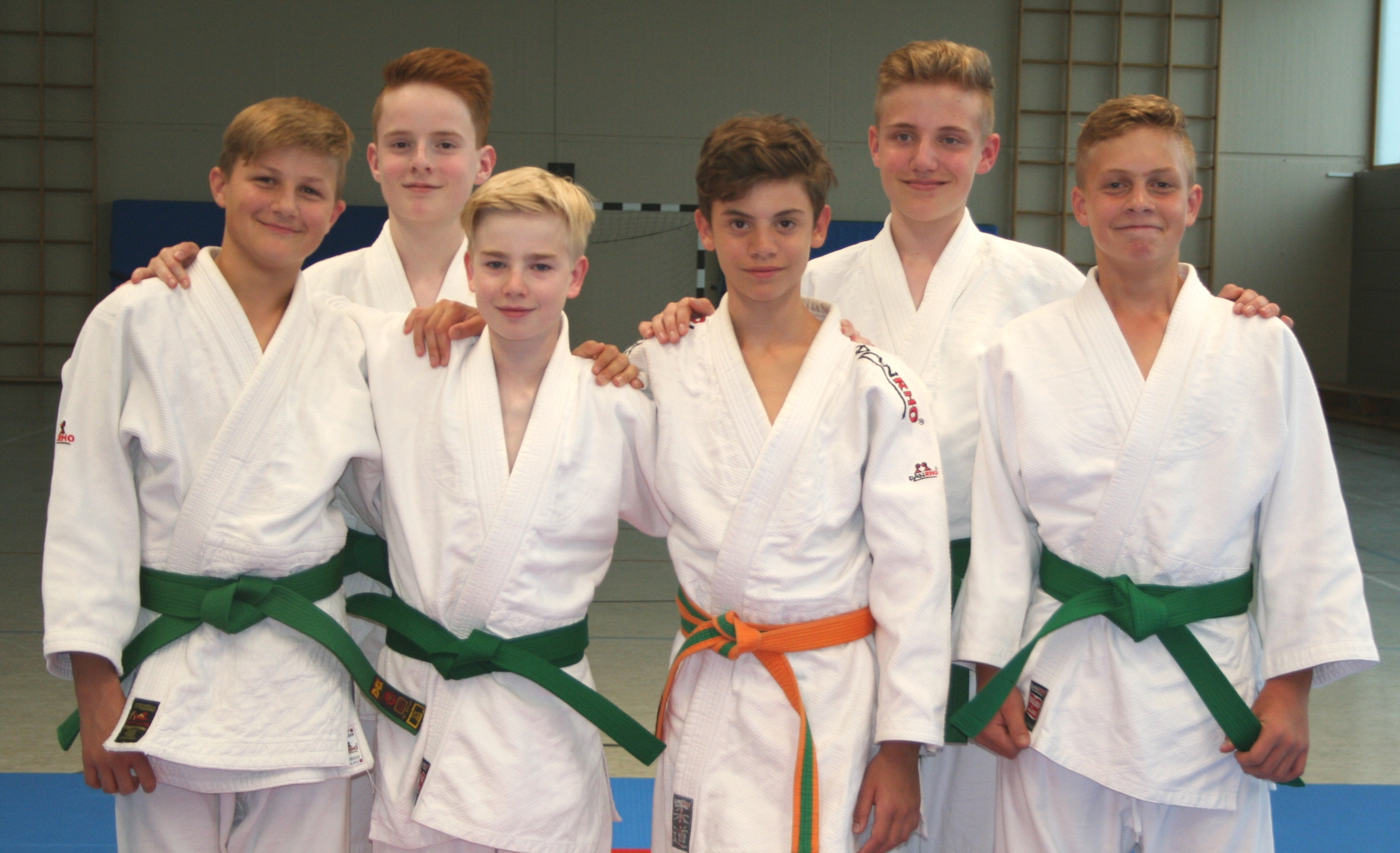 Nach bestandener Prüfung präsentierten die Jungs ihre neuen Gürtel (von links): Oskar Sinn, Elias Fosselmann, Marius Krebs, Fabrizio Siering, David Schuler und Max Sommer.