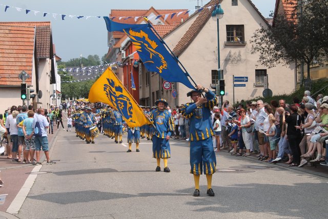 Fahnenschwenker und Fanfarenzüge trugen zum bunten Bild des Umzuges bei.  | Foto: Bauer