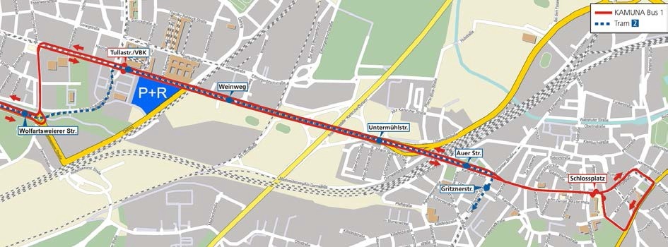 Fahrwegskizze Bus-Sonderlinie KAMUNA 1 im Bereich Durlach