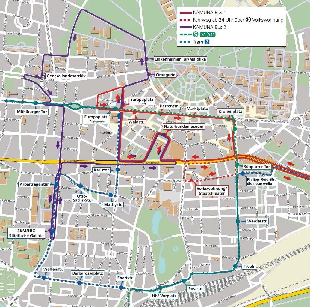Fahrweg des Sonderbuslinien KAMUNA 1 und KAMUNA 2 im Innenstadtbereich