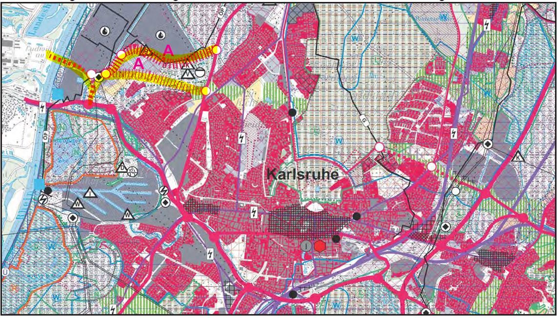 Raumnutzungskarte mit künftigen "nachrichtlichen Übernahmen" für die Anbindung an die B36 - ohne Nordtangente
