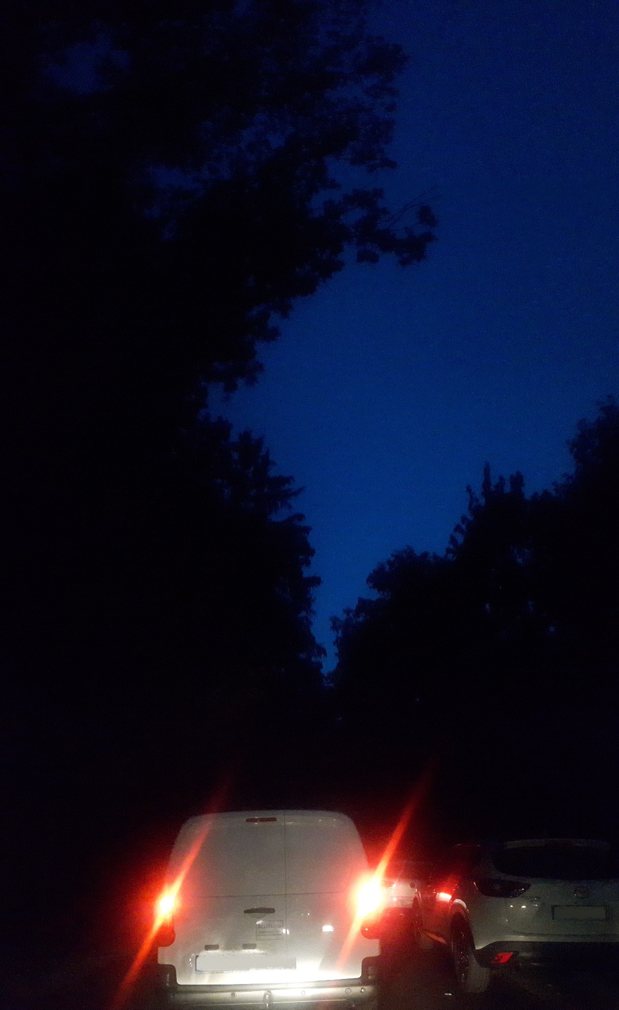 Etwas Himmel ist zu sehen - aber ohne Mond. Nichts geht mehr: Rechts und links parken Autos, nur eine Spur ist zwischendrin frei für die Auffahrt, aber engegenkommende Autos wollen den Berg hinunterfahren, machen damit dicht - und die Polizei mischt beim "Verkehrs-Knäuel" mit.