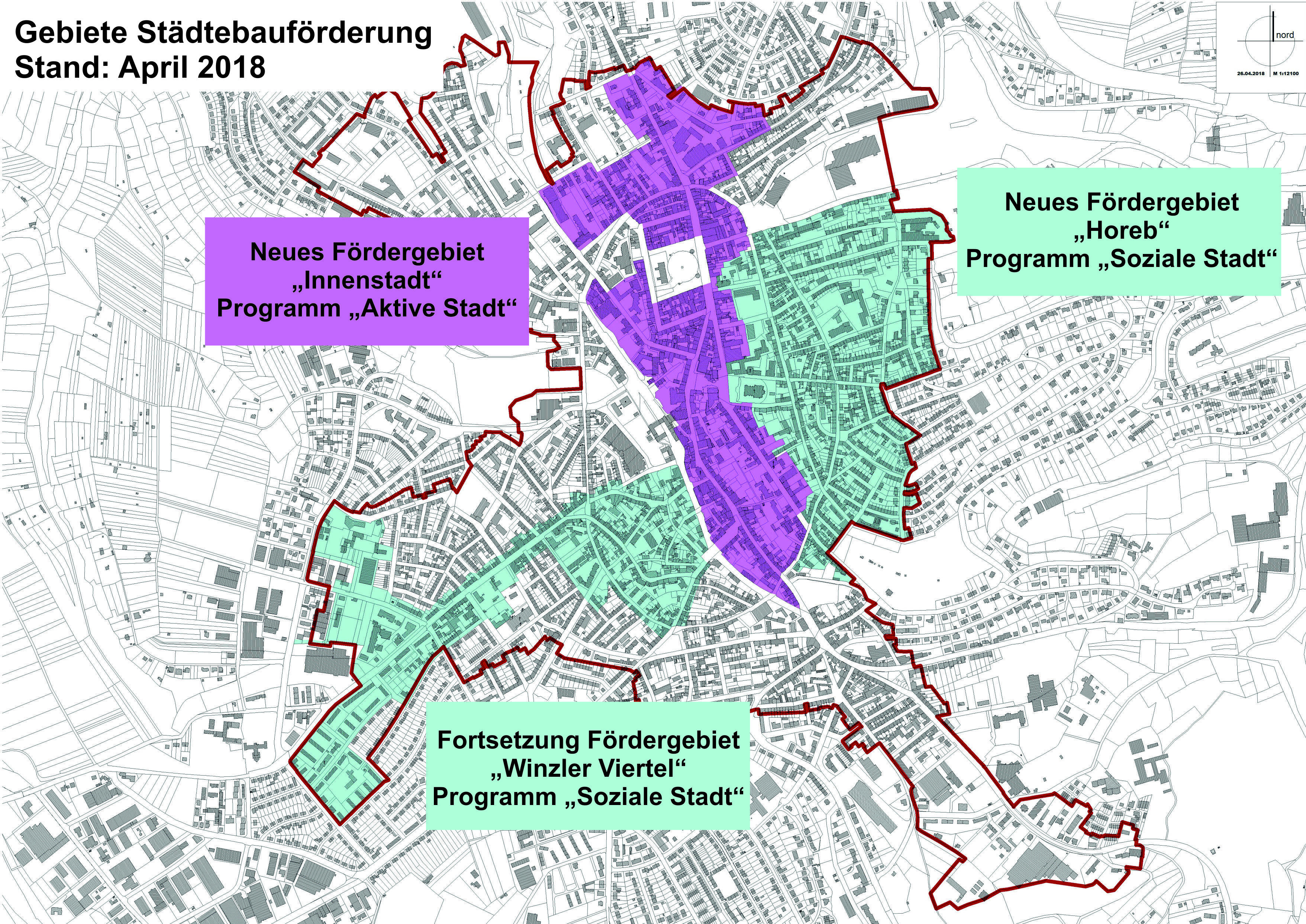 Die vorläufigen Fördergebiete „Innenstadt“ und „Horeb“, deren Grenzen aber erst nach Auswertung aller Daten festgelegt werden. Foto: ps