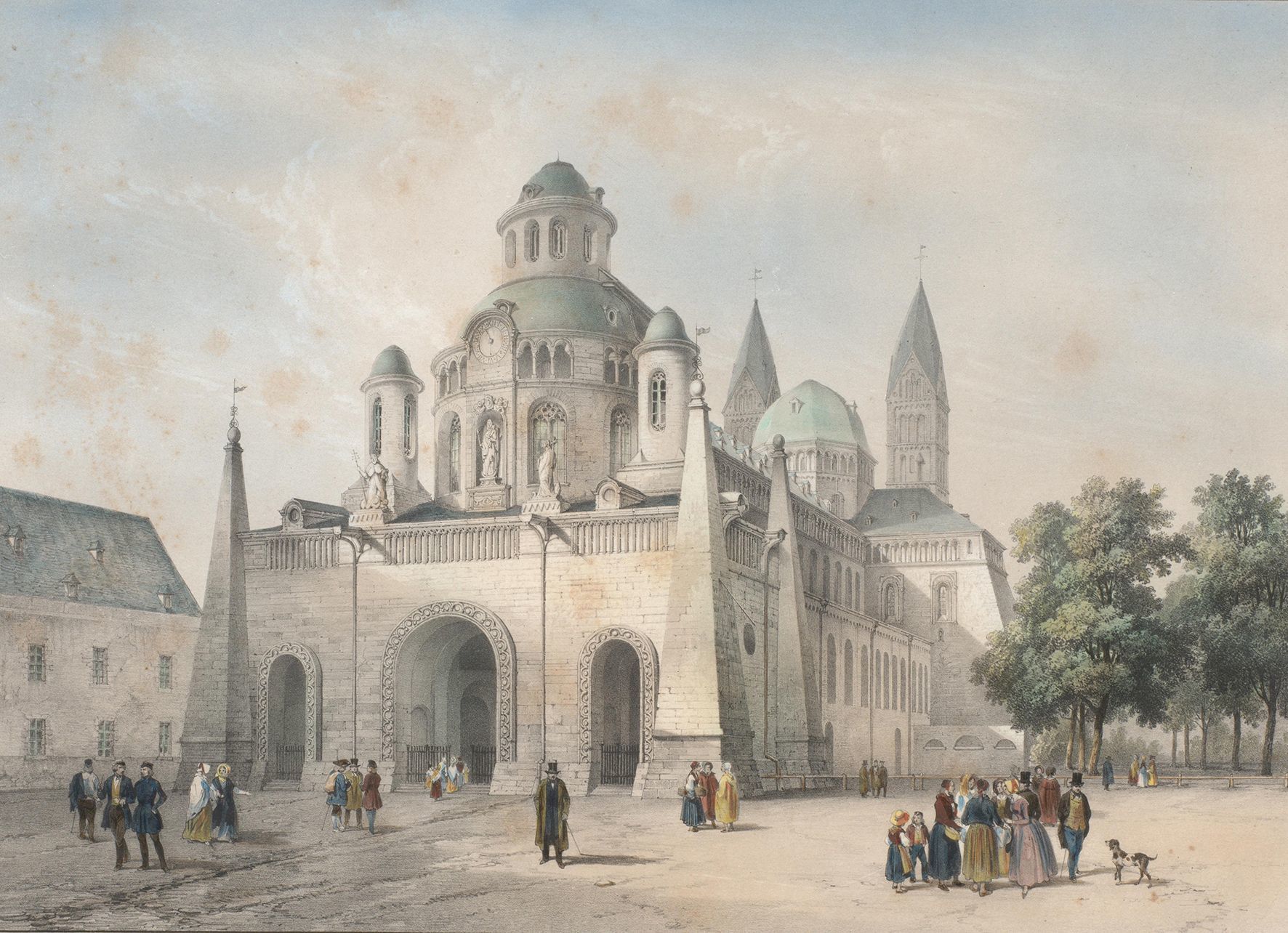 Ansicht des Westbaus von Franz Iganz Neumann (1772-1778), Lithographie von Bachelier um 1840, gedruckt bei Lemercier in Paris.