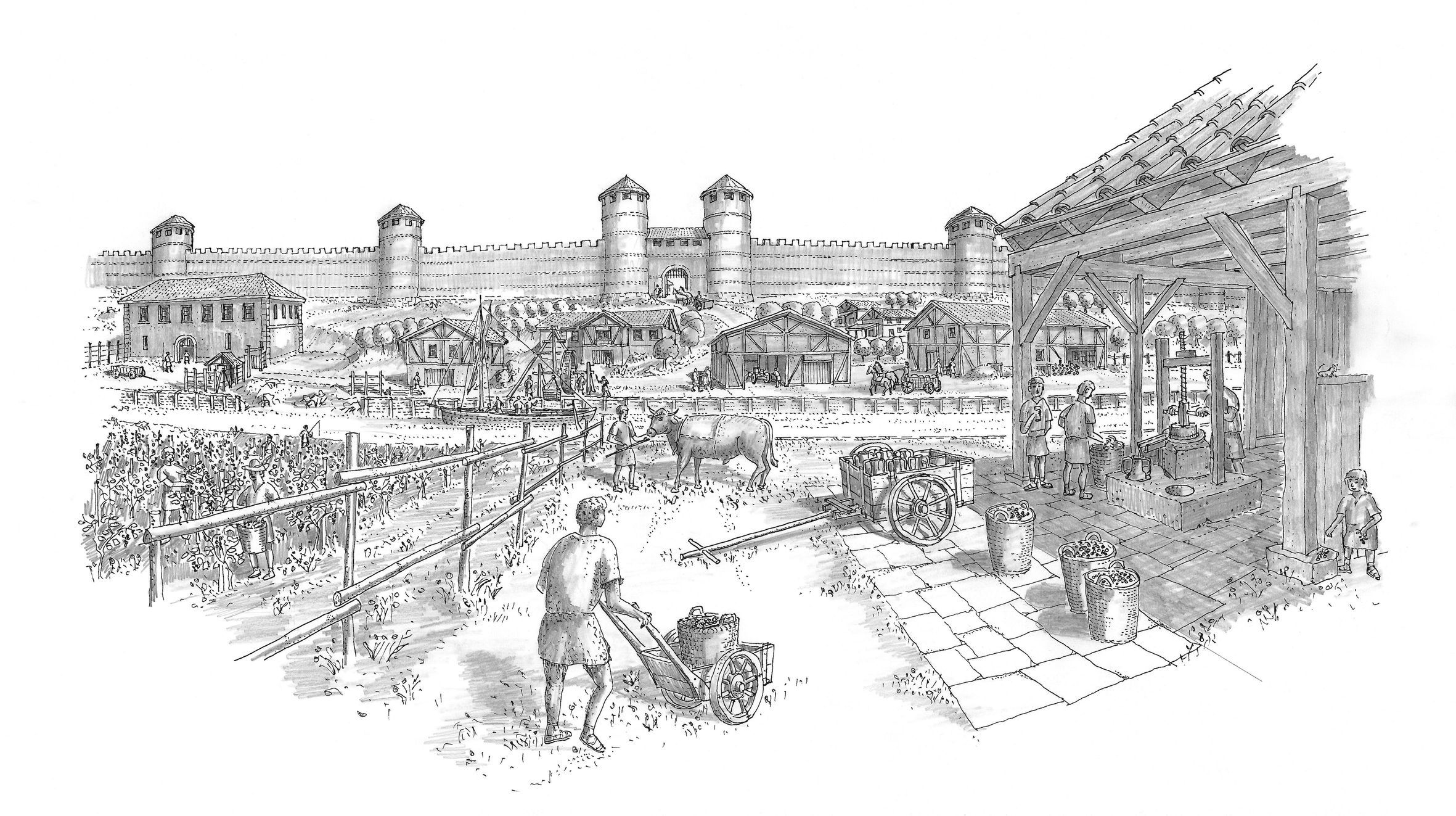 Das spätantike Speyer mit Blick auf den Hafen und die Stadtmauer, gezeichnet von Wolfgang Himmelmann.