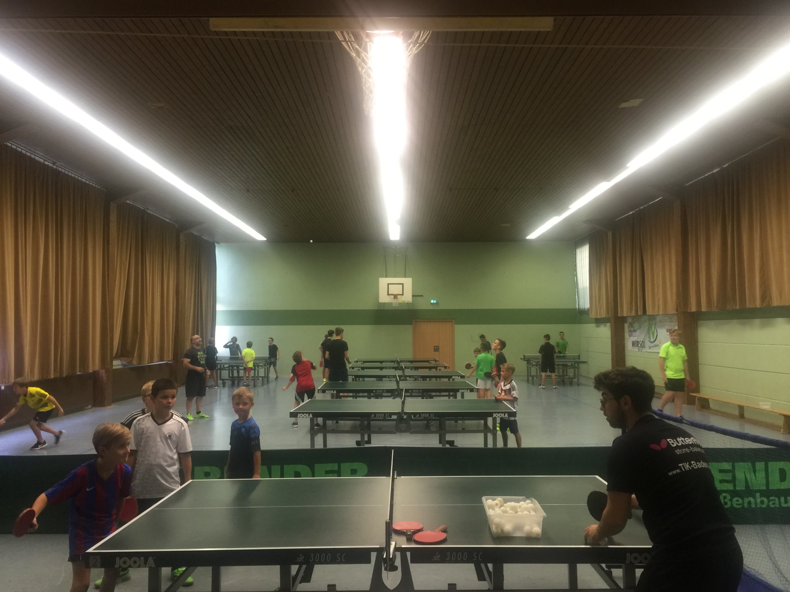 An acht Tischtennis-Tischen trainiert der Zwölfer-Nachwuchs in der vereinseigenen Turnhalle
