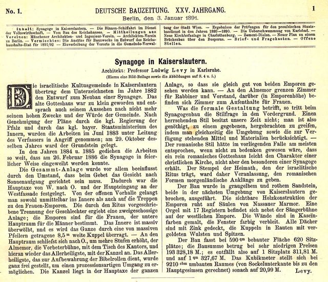 Artikel über die Synagoge Kaiserslautern in der Deutschen Bauzeitung vom 3. Januar 1891