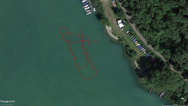 Ermittelte Fahrroute bei ersten Feldversuchen zur Bestimmung der Position von Unterwasserfahrzeugen in einem Gewässer nahe der französischen Grenze