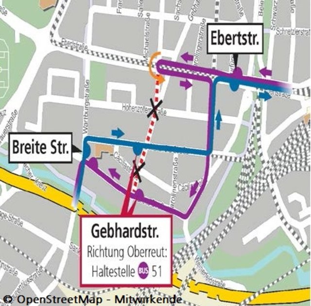 Umleitungsroute der Buslinie 50 am 11. November, 17.20 bis 18 Uhr | Foto: Grafik: OpenStreetMap - Mitwirkende