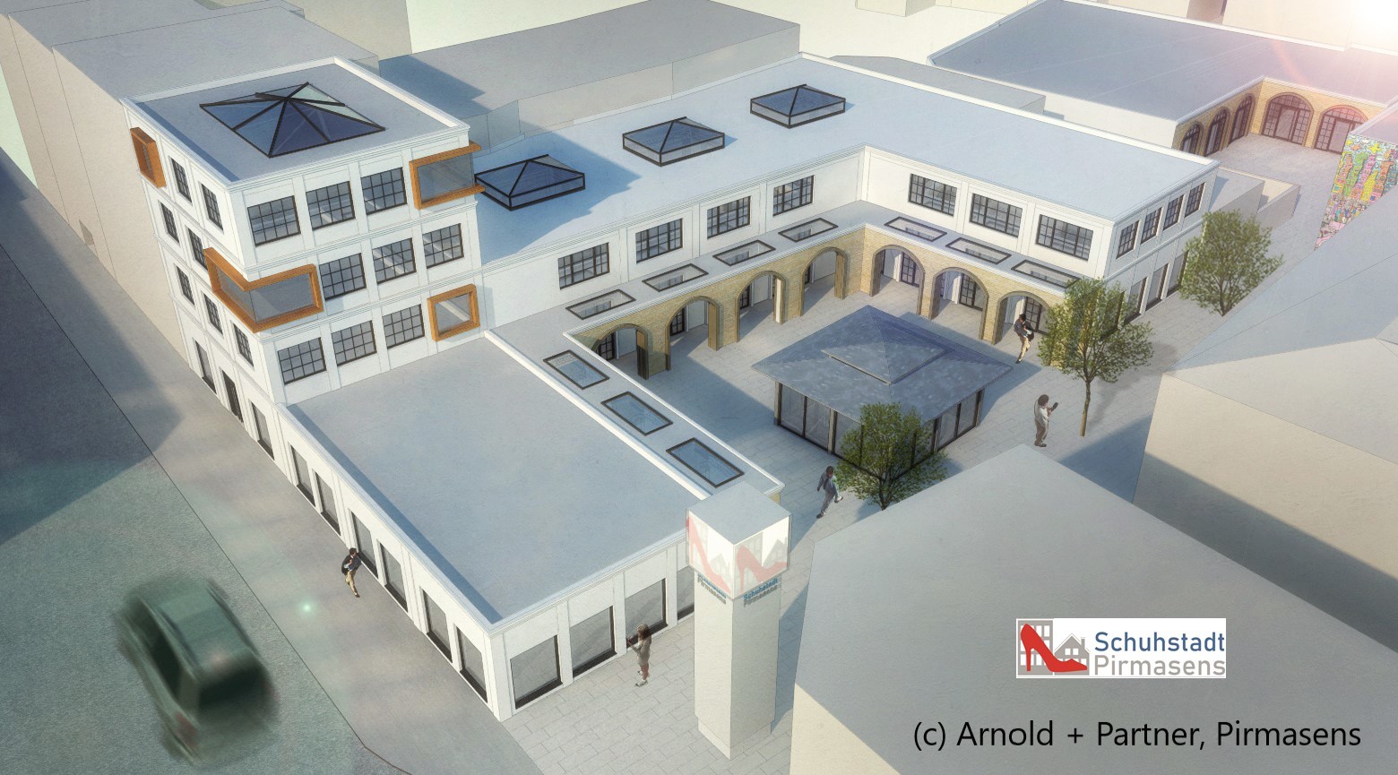 Die Pläne für das Großprojekt „Schuhstadt Pirmasens“ sehen unter anderem statt der Kaufhalle ein Fashion-Center mit Gastronomie-Pavillon vor. Foto: Arnold + Partner