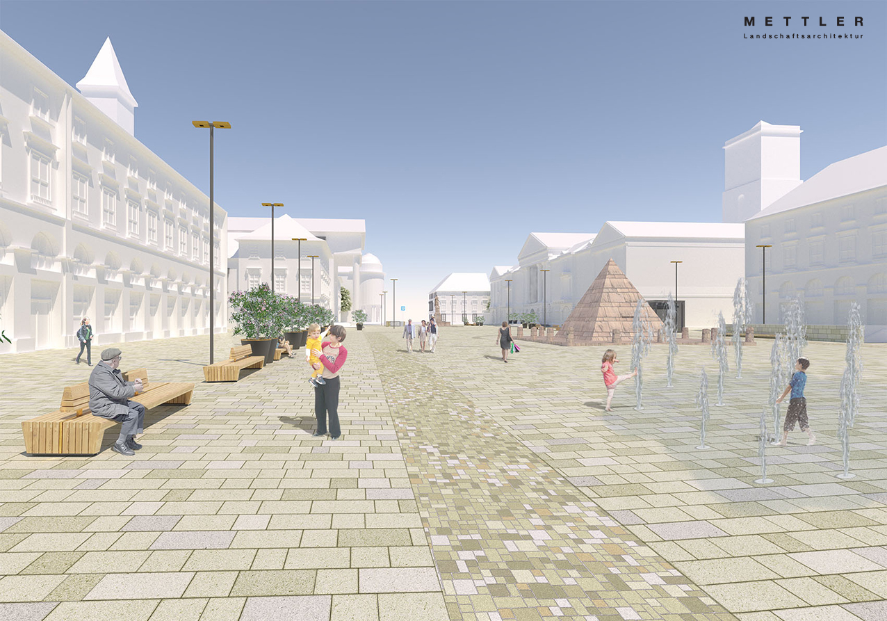 Der neu gestaltete Marktplatz - hier in einer Visualisierung - soll auch durch Wasserspiele ein erhebliches Maß an Aufenthaltsqualität hinzugewinnen