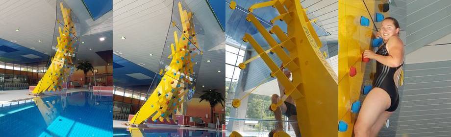 Springen und schwimmen war gestern: Die „Waterclimbing-Kletterwand“ in Ettlingen ist der ultimative Freizeitspaß in der gesamten Region. Foto: www.albgaubad.de
