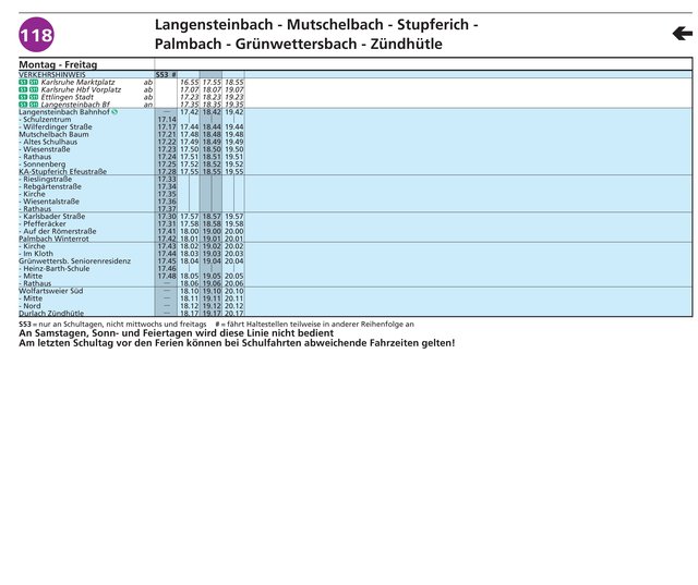 Fahrplantabelle Linie 118 gültig ab 10.12.2018 | Foto: Fahrplanauskunft KVV