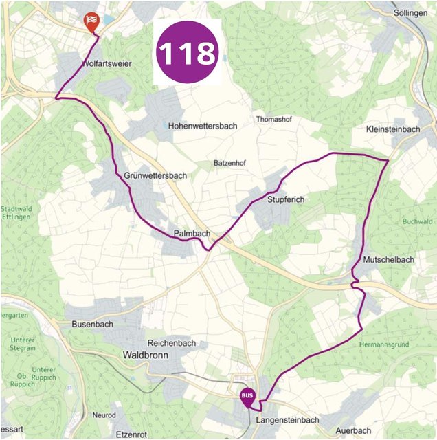 Linienverlauf der neuen Buslinie 118 zwischen Langensteinbach und Zündhütle. | Foto: Webseite KVV