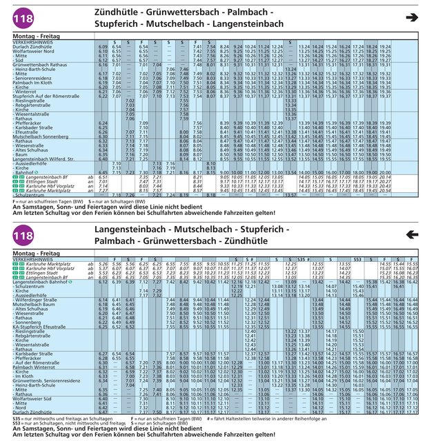 Fahrplantabelle Linie 118 gültig ab 10.12.2018 | Foto: Fahrplanauskunft KVV