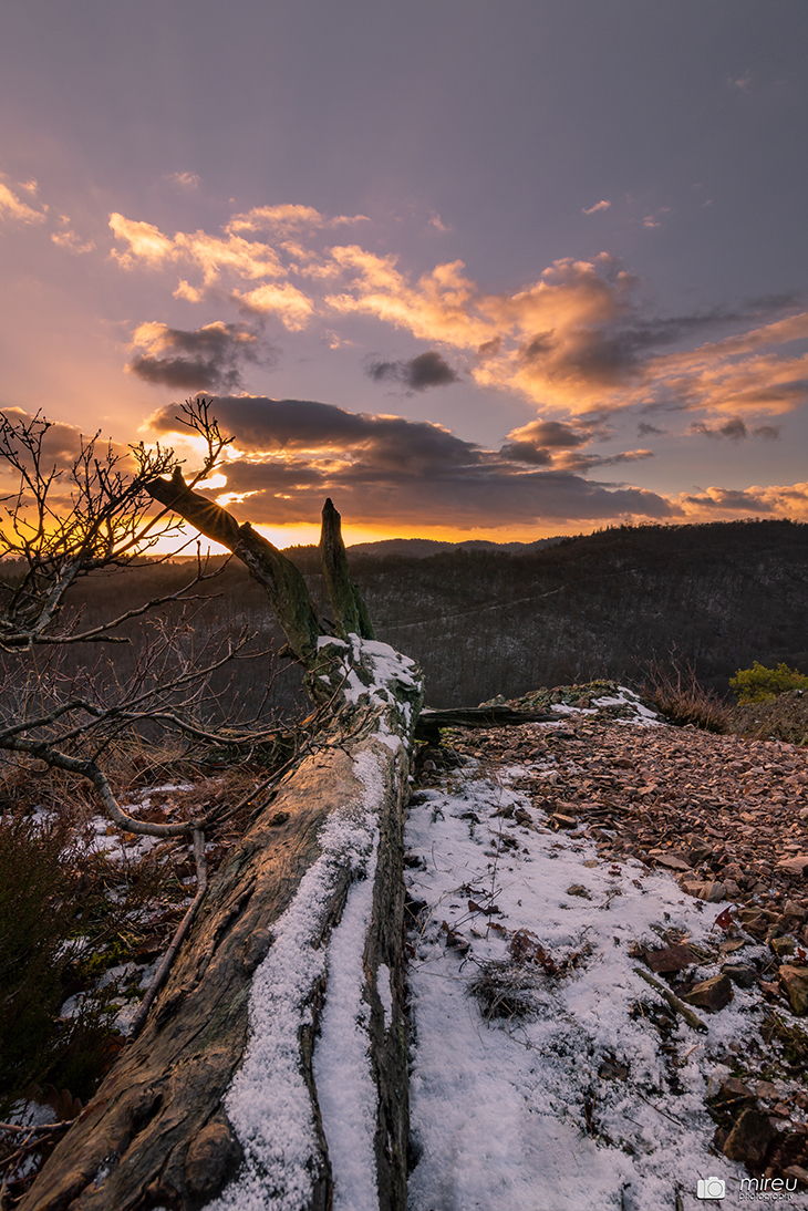 Sonnenuntergang im Schnee an der Westflanke des Donnersbergmassiv.