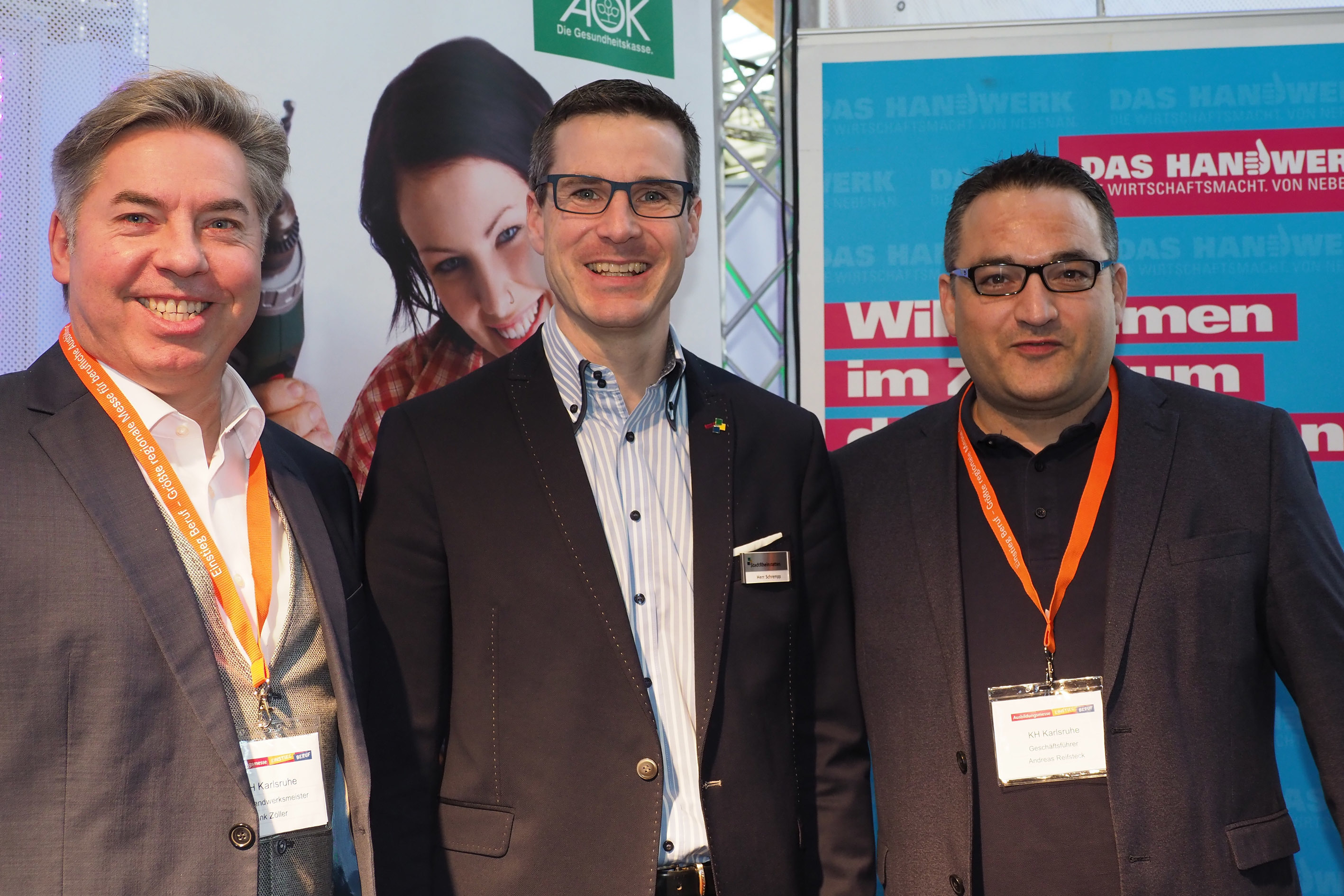 Kreishandwerksmeister Frank Zöller, Rheinstettens Oberbürgermeister Sebastian Schrempp und KH-Geschäftsführer Andreas Reifsteck in der „Handwerker-Area“.