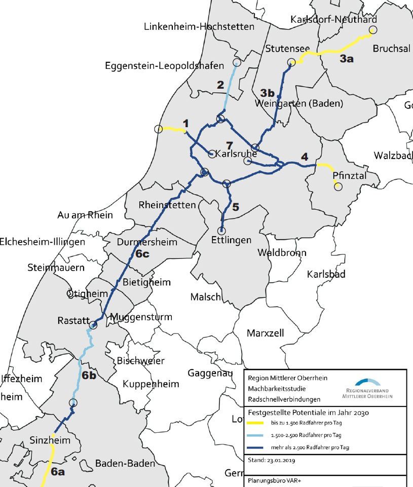 Das Land Baden-Württemberg hat in der Radstrategie das Ziel formuliert, dass bis zum Jahr 2025 insgesamt zehn Radschnellverbindungen in Baden-Württemberg realisiert werden sollen. In einer entsprechenden Potenzialanalyse des Landes liegen die besten Trassen in der Region Mittlerer Oberrhein im landesweiten Ranking in der Gesamtbewertung auf Platz zwei und drei.