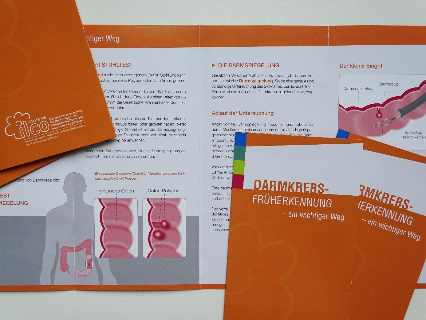 Die Deutsche ILCO e.V. spricht in ihrem Flyer „Darmkrebs-Früherkennung – ein wichtiger Weg“ Unklarheiten und Ängste bei der Darmkrebsvorsorge an, geht auf die Untersuchungen „Stuhltest“ und „Darmspiegelung“ ein und klärt über gesetzliche Ansprüche auf