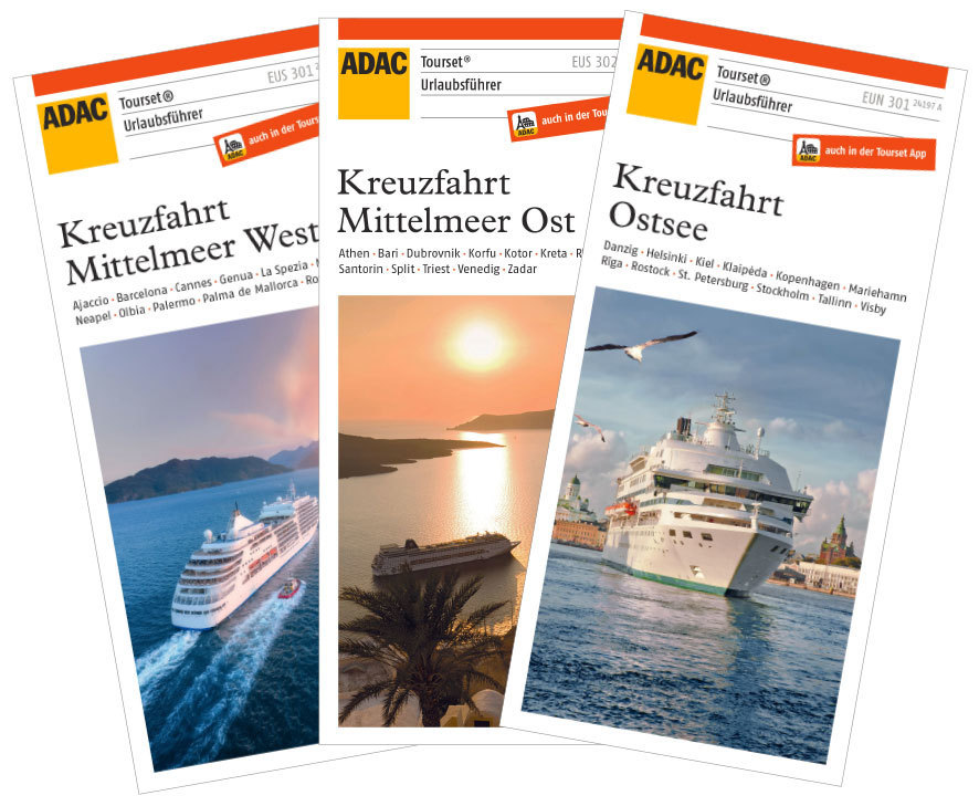 Die praktischen ADAC Toursets Kreuzfahrt für Ostsee, Mittelmeer-Ost und -West gibt's im April kostenlos in den ADAC Geschäftsstellen in Mannheim, Heidelberg, Bruchsal, Karlsruhe und Pforzheim