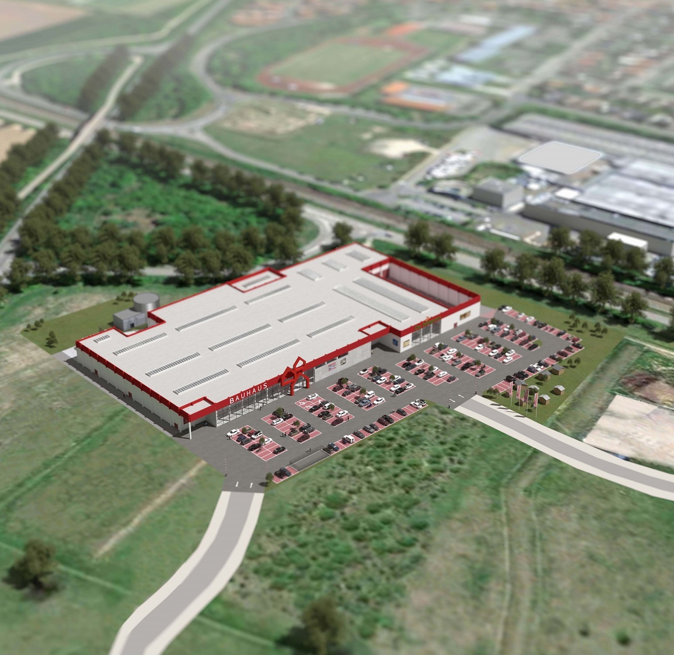 Über die Fritz-Karl-Henkel-Straße wird der Baumarkt im Gewerbegebiet Nord künftig erschlossen. Der Baumarkt bietet eine Gesamtverkaufsfläche von rund 10.200 Quadratmetern inkl. Bauhaus-Bistro sowie 240 Parkplätze.
