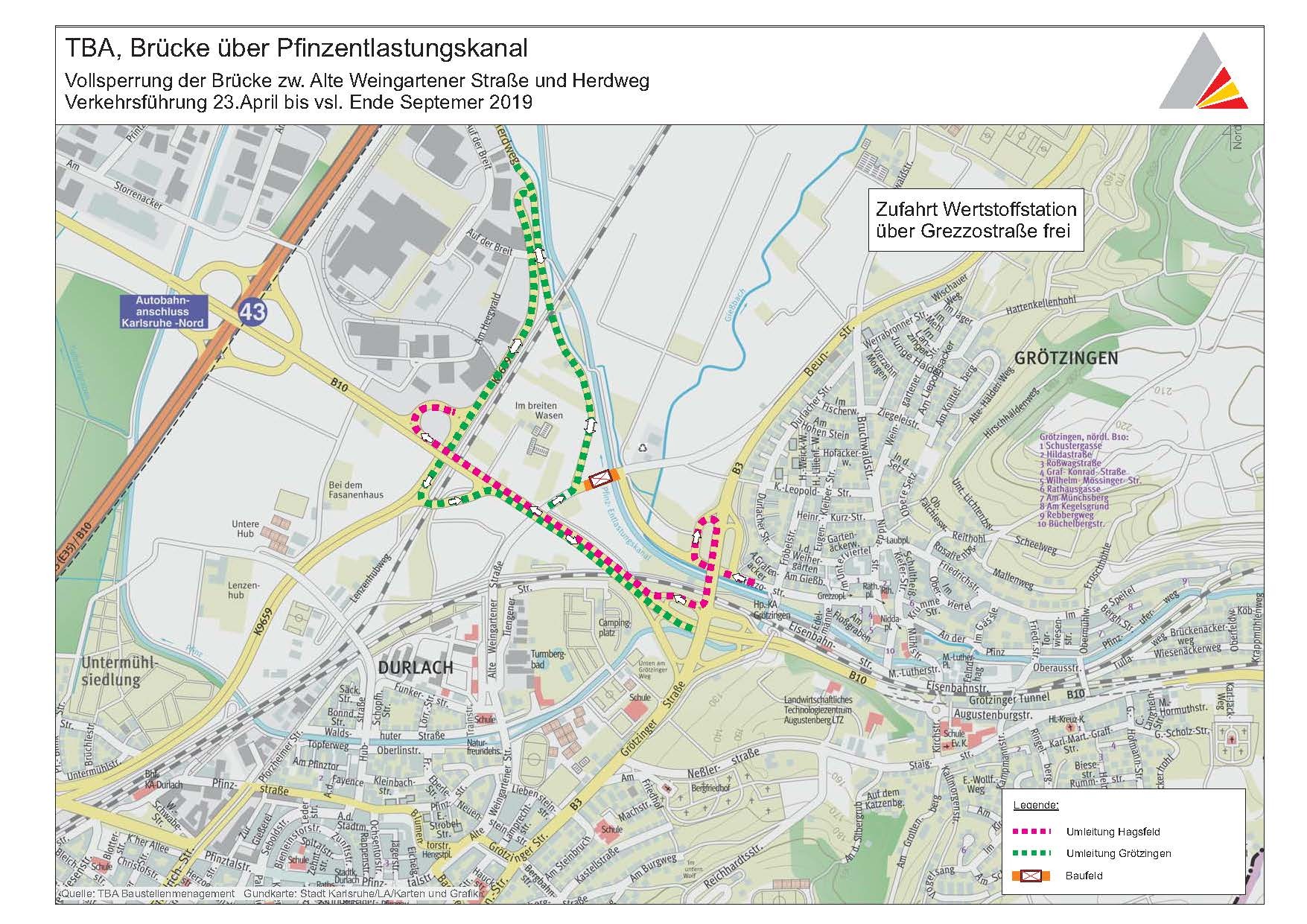 Vollsperrung der Brücke über Pfinzentlastungskanal