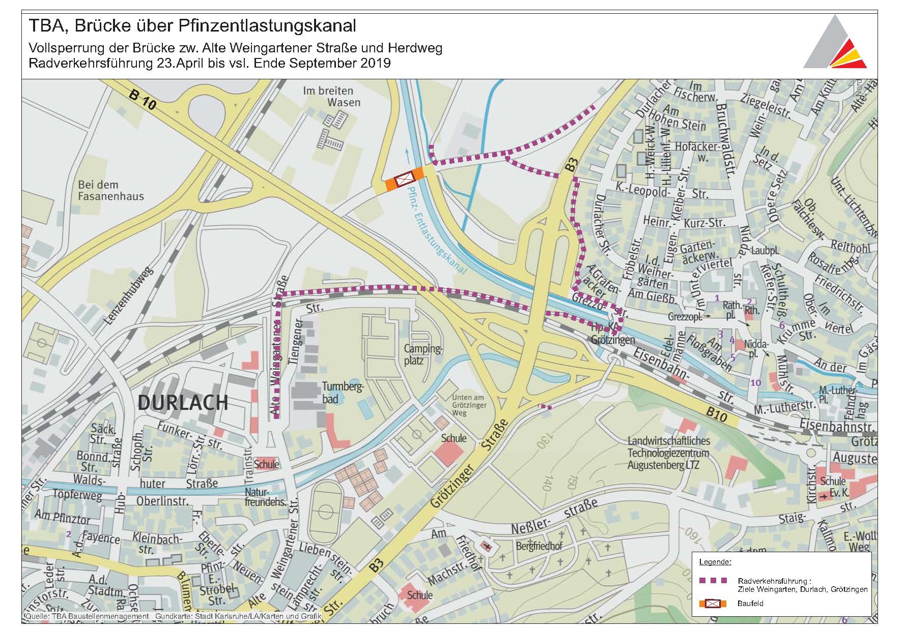 Vollsperrung der Brücke über Pfinzentlastungskanal: Radverkehrsführung