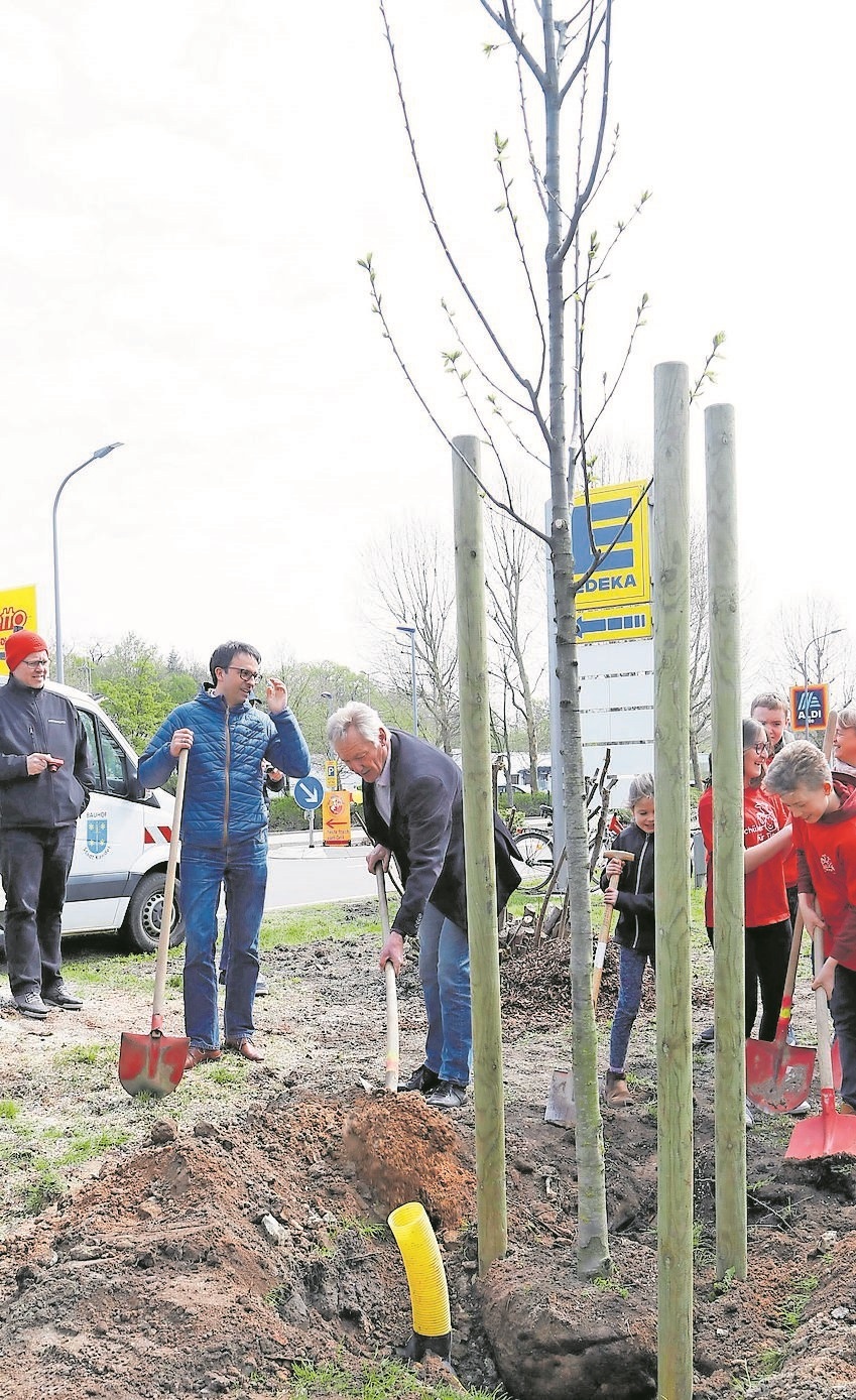Bürgermeister Tielebörger (Mitte), Mitglieder des Lions Clubs und Schüler für Tiere bei der Pflanzaktion.
