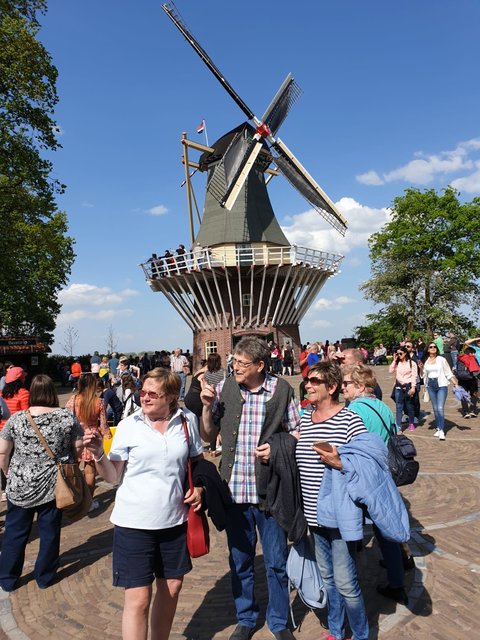 Drei Reiseteilnehmer vor der Windmühle im Keukenhof. | Foto: Harald Schönig