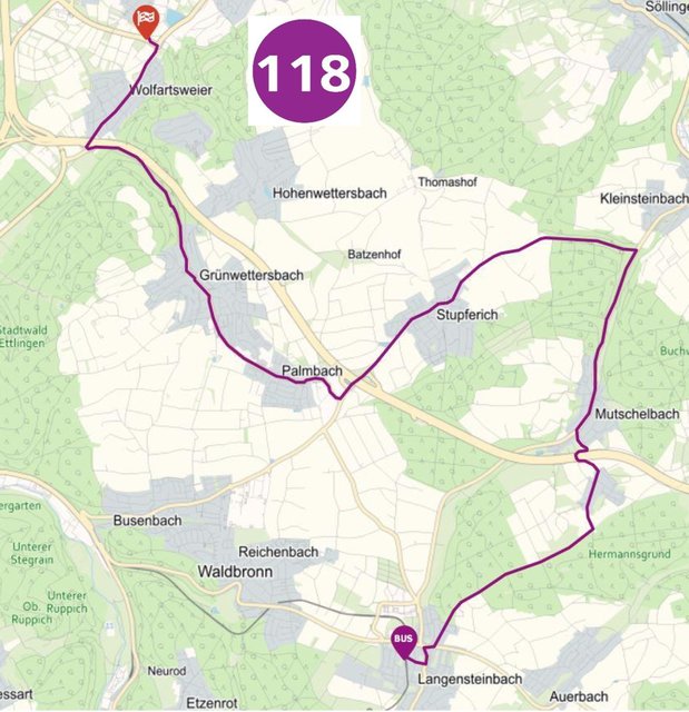 Linienführung der Buslinie 118 Zündhütle - Langensteinbach | Foto: Webseite der KVV