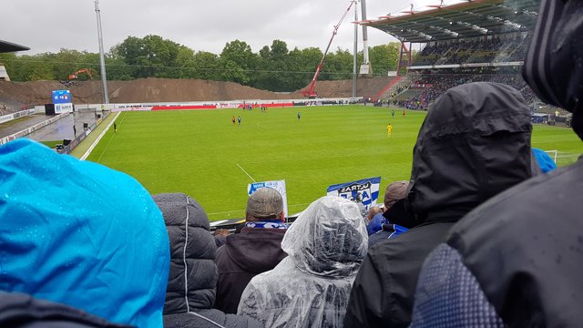 Regen im Wildpark, doch auf der neuen Tribüne (ohne Dach) stört es die Fans nicht | Foto: jow