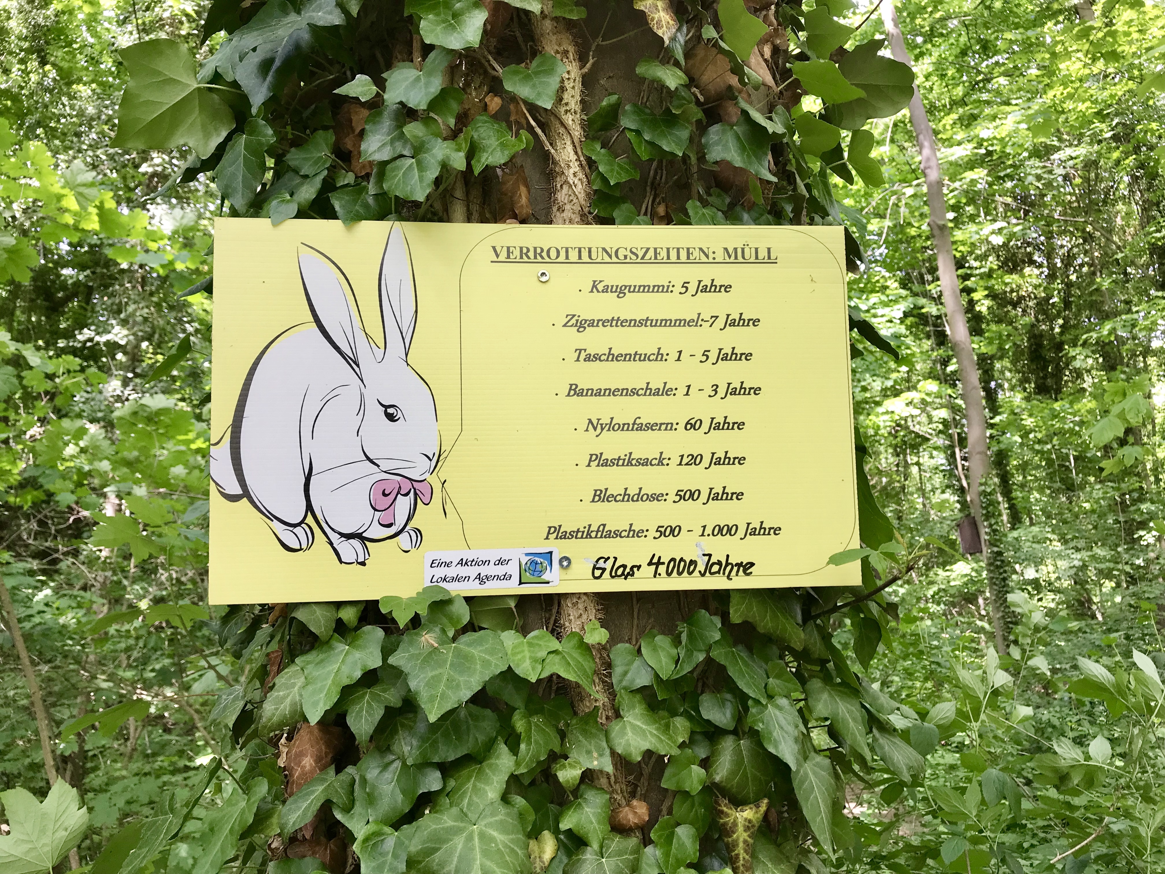 Die Lokale Agenda 21 in Germersheim macht mit Schildern darauf aufmerksam, wie lange Müll benötigt, bis er verrottet.
