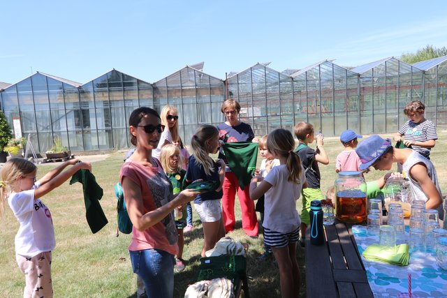 Stefanie Grundler und Marliese Schmidt-Hoffmann verteilen T-Shirts und Mützen an die neuen Minigärtner. | Foto: Bauer