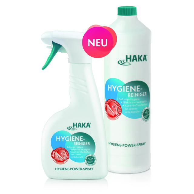 Zusätzlich zum Hygienereiniger Spray bietet HAKA die umweltfreundliche Hygienereiniger Spray 1-Liter-Nachfüllflasche an.