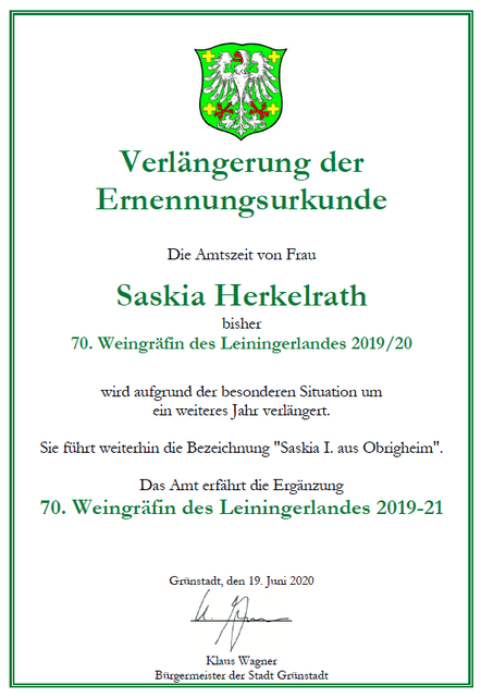 Historische, weil bisher einmalige, Verlängerungs-Urkunde einer Weingräfinne-Amtszeit des Leiningerlandes. | Foto: Stadt Grünstadt