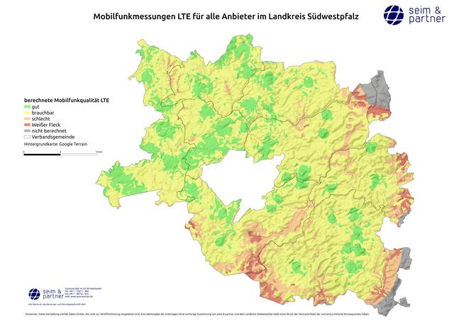 Karte LTE-Empfangsqualität im Landkreis Südwestpfalz. | Foto: Seim &amp; Partner / Landkreis Südwestpfalz