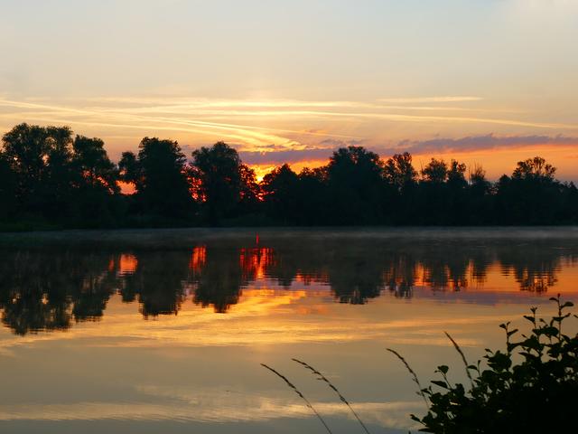 Bild 6.1 Juni
Am Wehlachweiher II, kurz vor Sonnenaufgang. Satte Farben spiegeln sich wunderbar auf dem Wasser... 